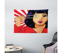 Pop Art Style Girl with Sushi Wide Tapestry