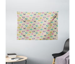Cartoon Style Animal Faces Wide Tapestry
