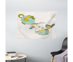 Bird Flowers Winged Pot Art Wide Tapestry