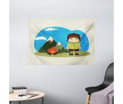 Kid Campfire on Mountains Wide Tapestry