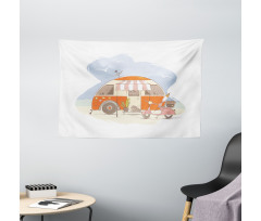 Parked Truck Puppy and Motorbike Wide Tapestry