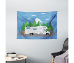 Retro Trailer on Road Forest Wide Tapestry