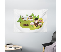 Happy Camper Family in Woods Wide Tapestry