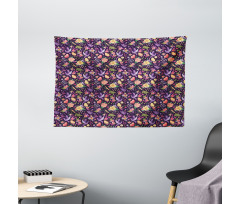 Birds and Colorful Flowers Wide Tapestry