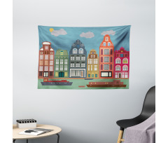 European Houses and Ships Wide Tapestry