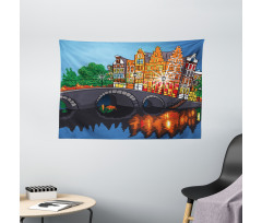 Night City Canal Bridge Wide Tapestry