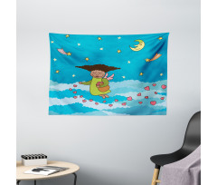 Cartoonish Sky at Night Wide Tapestry