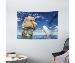 Pirate Ship and Mammal Fish Wide Tapestry