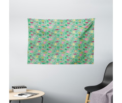 Teapots and Cups on Green Wide Tapestry