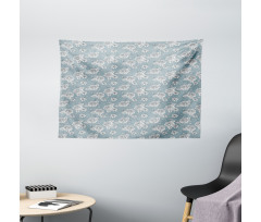 Retro Drawn Blossoms on Blue Wide Tapestry