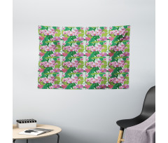 Pink Blossoms and Leaves Wide Tapestry