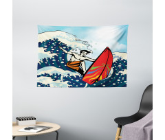 Summer Cartoon Surfing Boy Wide Tapestry