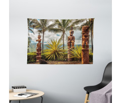 Tiki Masks and Palm Trees Wide Tapestry