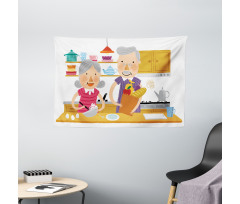 Elderly Couple in Kitchen Wide Tapestry