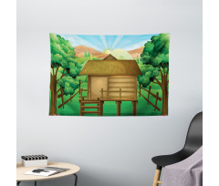 Wooden Hut Shelter and Sun Wide Tapestry