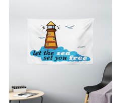 Lighthouse Blue Waves Wide Tapestry