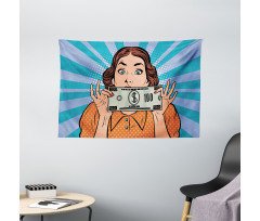 Woman Holding Dollar Bill Wide Tapestry