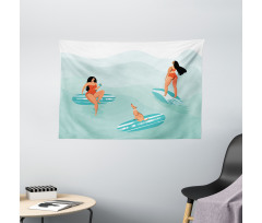 Surfing Girls with a Dog Wide Tapestry