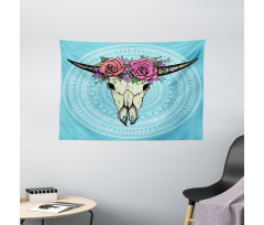 Buffalo Skull with Flowers Wide Tapestry