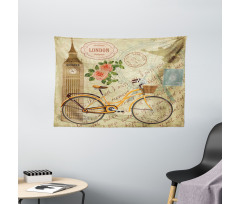 Stamp Big Ben and Bicycle Wide Tapestry