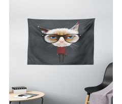Hipster Feline with Giant Head Wide Tapestry