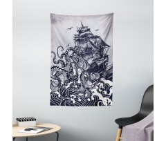 Octopus and Ship in Storm Tapestry