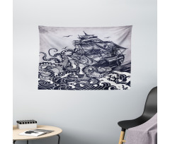 Octopus and Ship in Storm Wide Tapestry