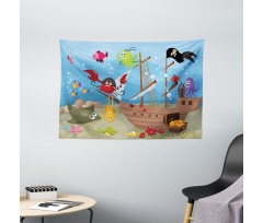 Ship Underwater Animals Wide Tapestry