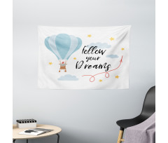 Hot Air Balloon Stars Clouds Wide Tapestry