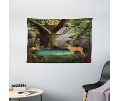 Abstract Deer and Tree House Wide Tapestry