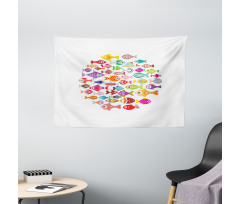 Aquarium Round Colorful Design Wide Tapestry