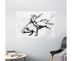 Cowboy Riding a Wild Bull Wide Tapestry