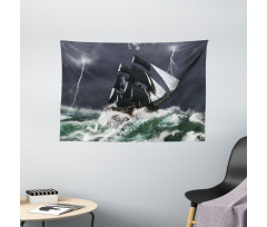 Storm Ship on Wavy Ocean Wide Tapestry