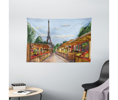 Colorful Sketch Street Eiffel Wide Tapestry