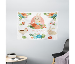 Pastel Bunny Flowers Cartoon Wide Tapestry