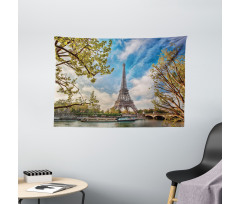 Paris Cloudy Sky Eiffel Tower Wide Tapestry