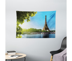 Sunny Day Eiffel Tower River Wide Tapestry