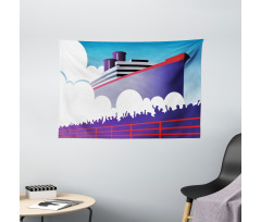 Large Ship with Harbor People Wide Tapestry