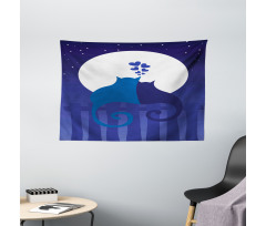 Cats in Love at Night Cartoon Wide Tapestry