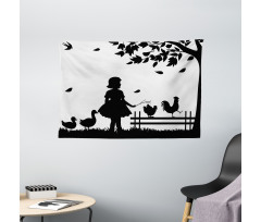 Little Girl Geese Rooster Wide Tapestry