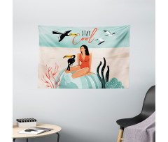 Summer Girl with Toucan Wide Tapestry