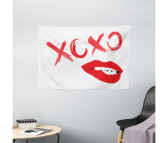 Lipsticked Woman Biting Lips Wide Tapestry