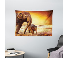 Mother Baby Elephant Family Wide Tapestry