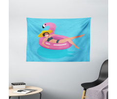 Woman on Rubber Flamingo Wide Tapestry