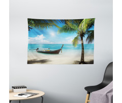 Small Boat Sunny Ocean Wide Tapestry