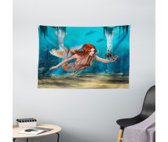 Magic Aqua Sea Lily Wide Tapestry