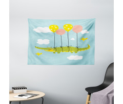 Flying Crocodile with Balloon Wide Tapestry