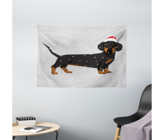 Dog Wears Xmas Hat Snow Wide Tapestry