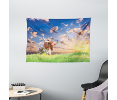 Female Cow in Pasture Sky Wide Tapestry