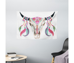 Bull Skull and Feathers Wide Tapestry